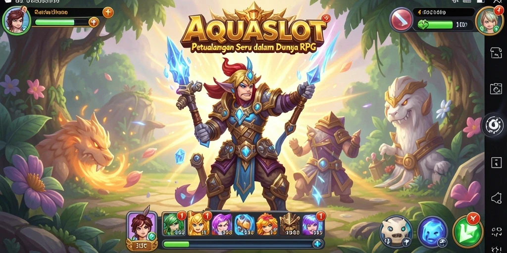 Screenshot utama AQUASLOT menunjukkan pertarungan karakter dalam RPG yang seru.