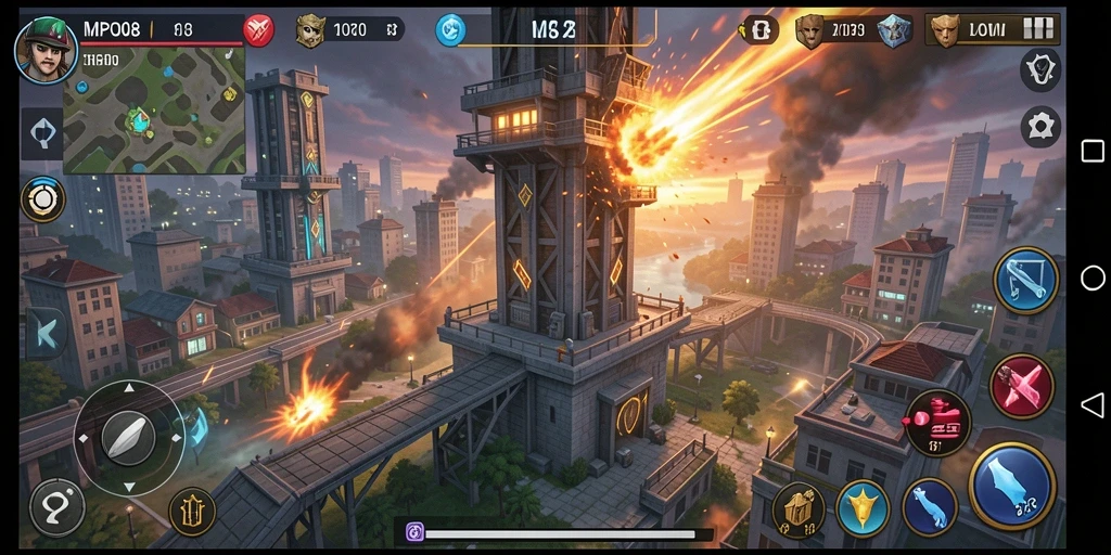 Screenshot utama MPO08 menampilkan aksi menara pertahanan yang mendebarkan.